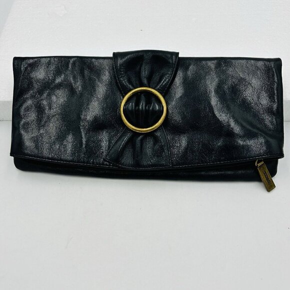 HOBO INTERNATIONAL Black Leather Fold-Over Clutch Bag Purse 11.25" Wide - Picture 1 of 11